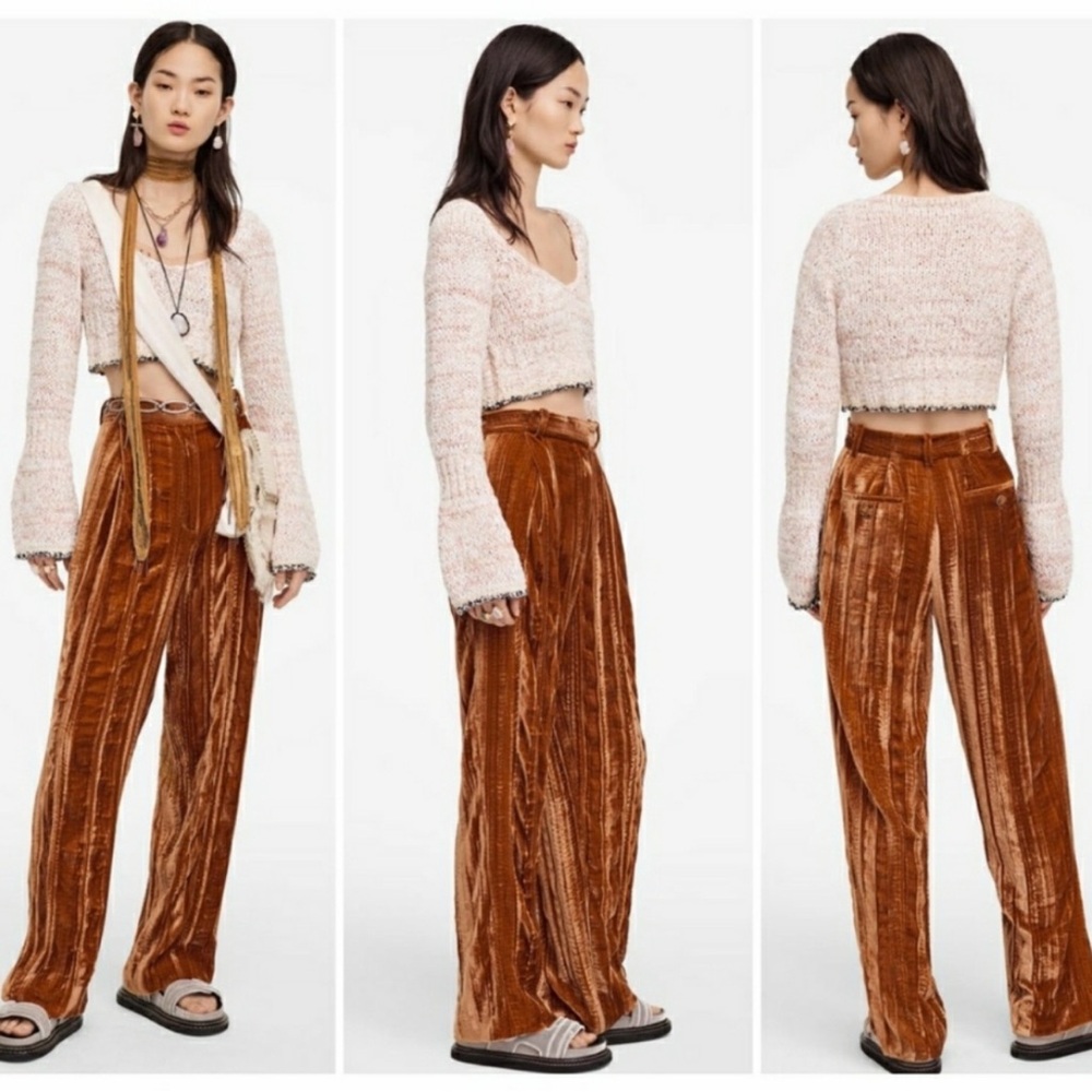 Zara Silk Wide-Leg Pants in Rust Orange